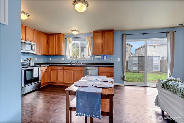 kitchen featuring dark wood finished floors, appliances with stainless steel finishes, dark countertops, and a sink