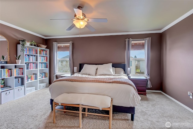 carpeted bedroom with multiple windows, baseboards, and ornamental molding