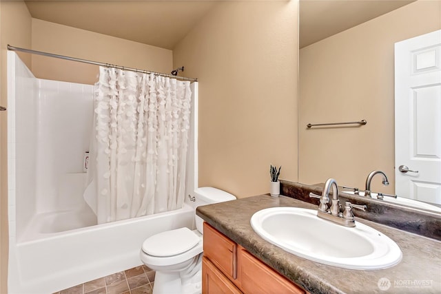 full bathroom with vanity, toilet, and shower / bath combo with shower curtain