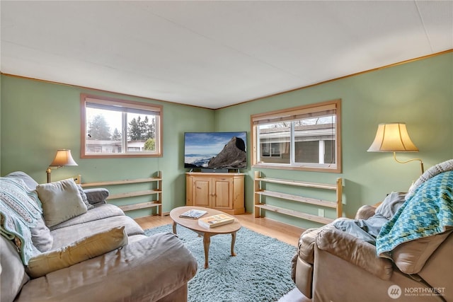 living room with ornamental molding, light wood finished floors, and a wealth of natural light