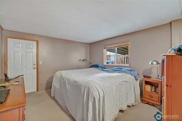 bedroom with light colored carpet