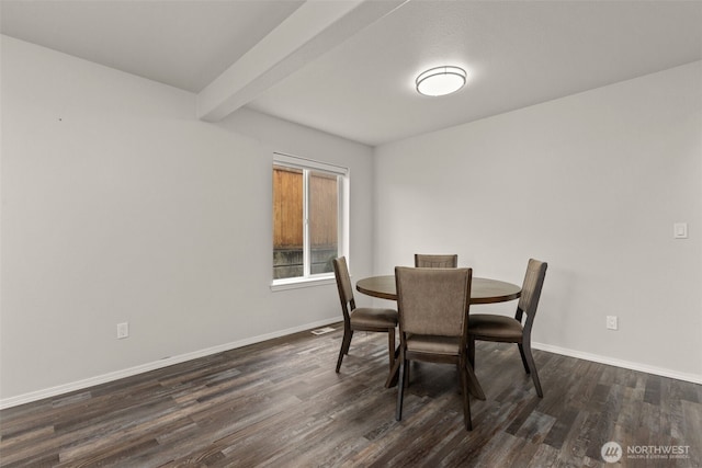 dining space with dark wood-style flooring, visible vents, beamed ceiling, and baseboards