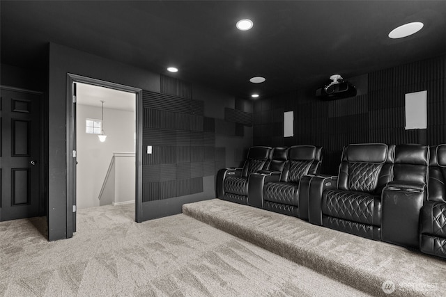 carpeted home theater room featuring recessed lighting