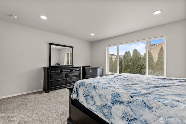 bedroom with light carpet, baseboards, and recessed lighting