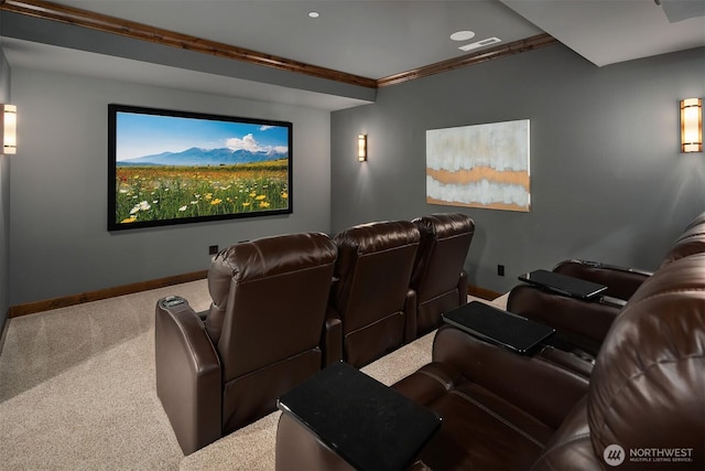 cinema with carpet floors, baseboards, and recessed lighting