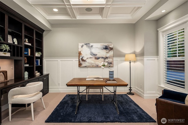 carpeted office space featuring coffered ceiling, a wainscoted wall, beam ceiling, a decorative wall, and recessed lighting