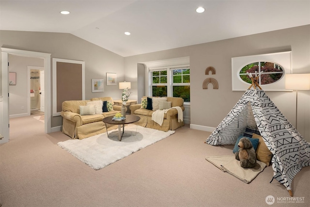 living area with light colored carpet, vaulted ceiling, baseboards, and recessed lighting