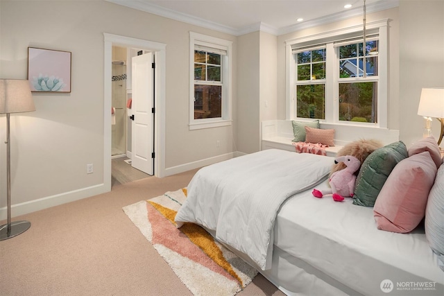 carpeted bedroom with baseboards, ornamental molding, recessed lighting, and connected bathroom