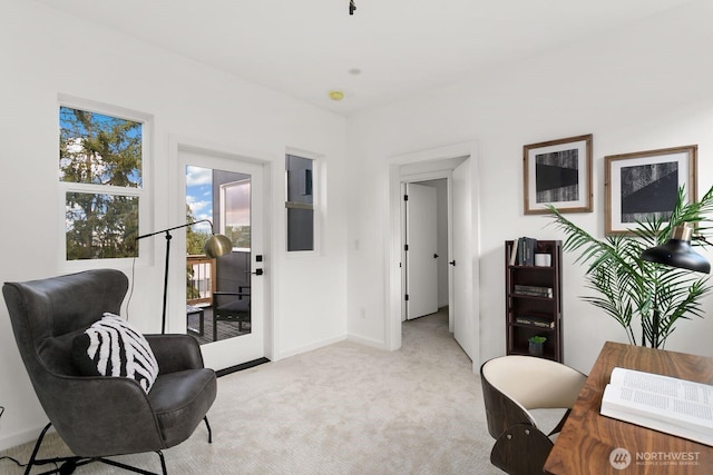 sitting room featuring light carpet and baseboards