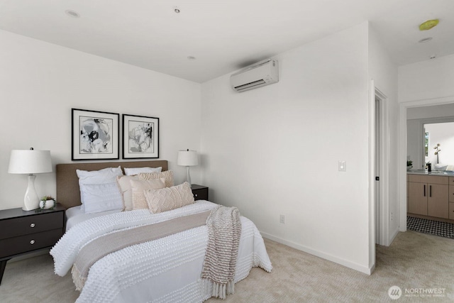 bedroom featuring baseboards, a wall mounted air conditioner, and light colored carpet