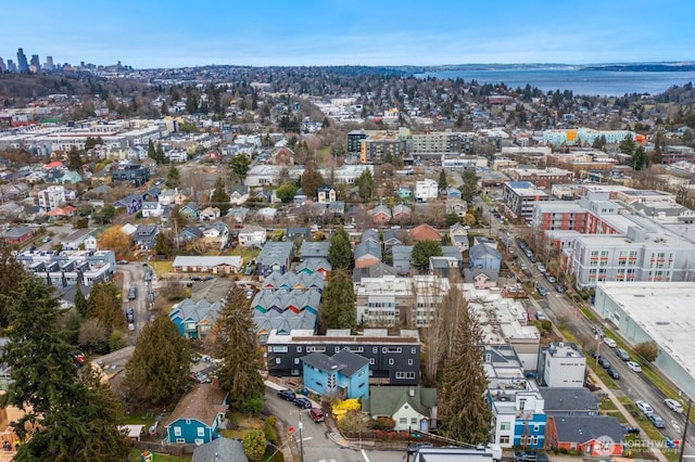 aerial view with a water view and a view of city