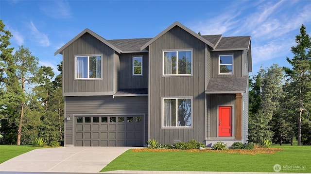 view of front of house with a garage, concrete driveway, roof with shingles, and a front lawn