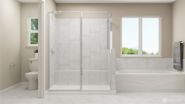 full bath featuring baseboards, a garden tub, a shower stall, and toilet