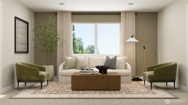 sitting room with carpet flooring and baseboards