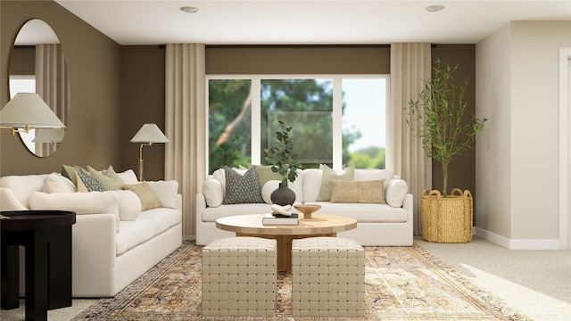 living area with carpet floors and baseboards