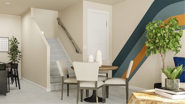 carpeted dining space featuring stairway and baseboards