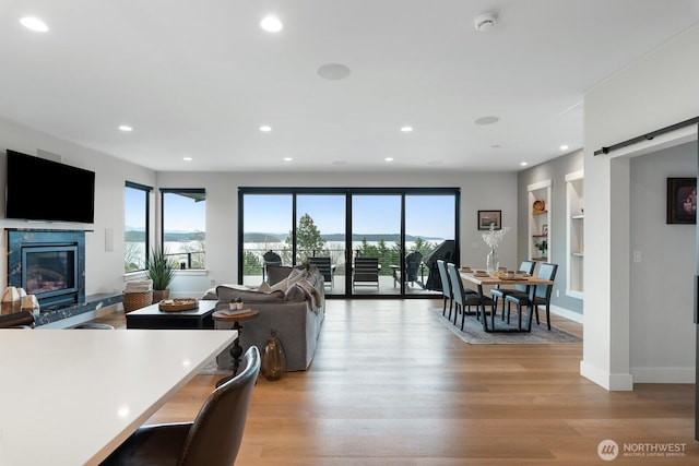 living room featuring a barn door, built in features, a healthy amount of sunlight, light wood-type flooring, and a fireplace