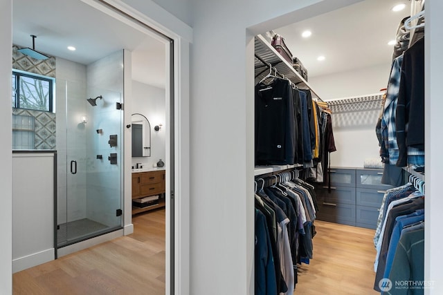 spacious closet with a sink and light wood-style flooring