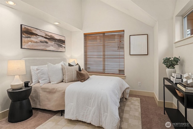 bedroom featuring light carpet, recessed lighting, and baseboards