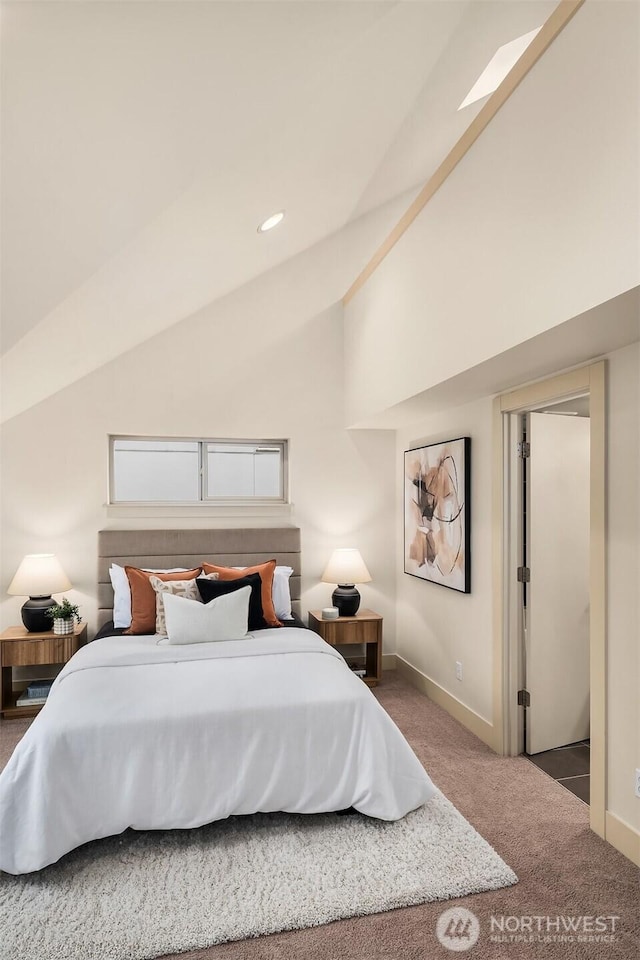 carpeted bedroom featuring baseboards, vaulted ceiling, and recessed lighting