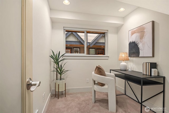 home office featuring baseboards, recessed lighting, and light colored carpet