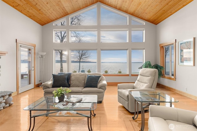 living room with wooden ceiling and light wood-style floors