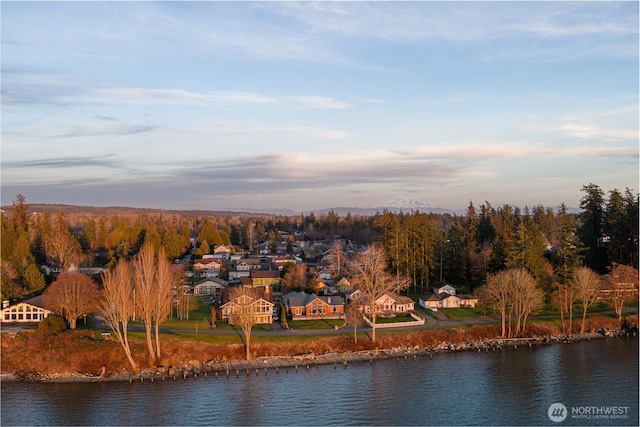 aerial view with a water view and a residential view