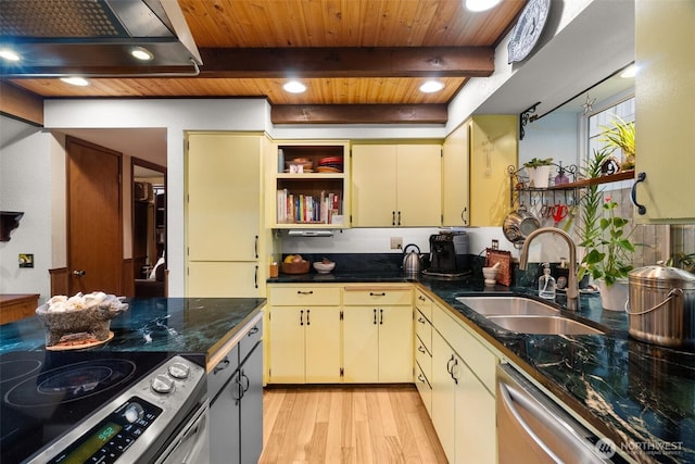 kitchen featuring a sink, open shelves, cream cabinets, and stainless steel dishwasher