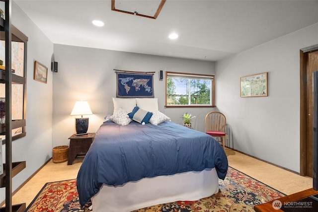 bedroom featuring recessed lighting and carpet