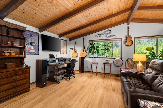 office area with wooden ceiling, vaulted ceiling with beams, a healthy amount of sunlight, and light wood-type flooring