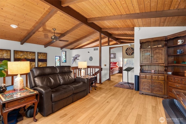 living area with wood ceiling, light wood-type flooring, lofted ceiling with beams, and ceiling fan