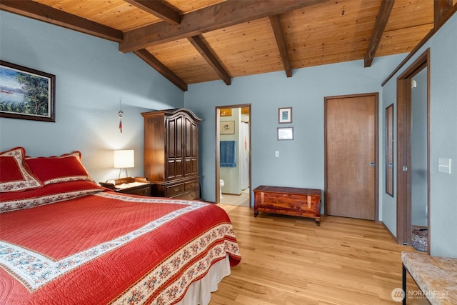 bedroom featuring lofted ceiling with beams, wood ceiling, and light wood-style flooring