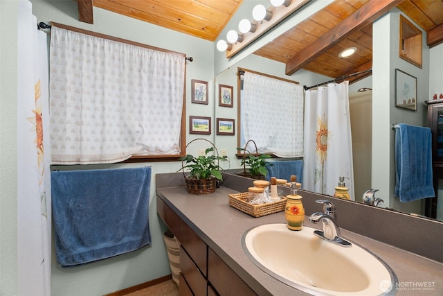 full bath featuring a shower with shower curtain, vanity, wood ceiling, and vaulted ceiling with beams