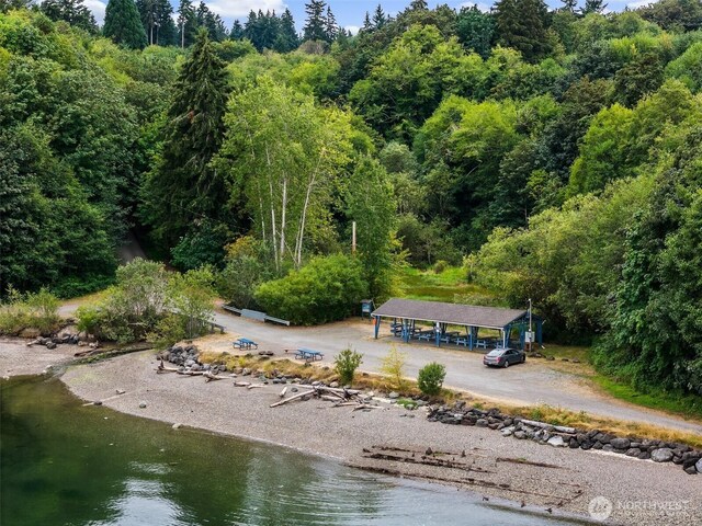 birds eye view of property with a water view and a view of trees