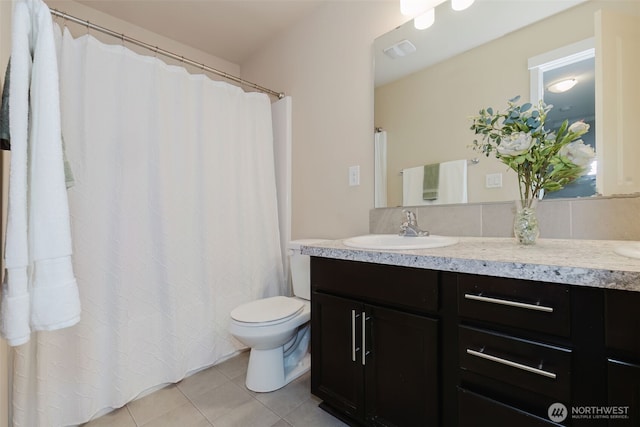full bath with tile patterned floors, visible vents, toilet, and vanity