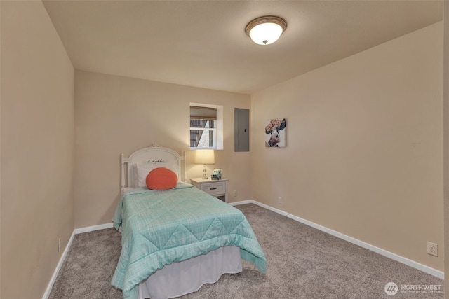 bedroom with baseboards, electric panel, and carpet flooring