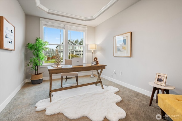 carpeted office space with baseboards, a tray ceiling, and crown molding