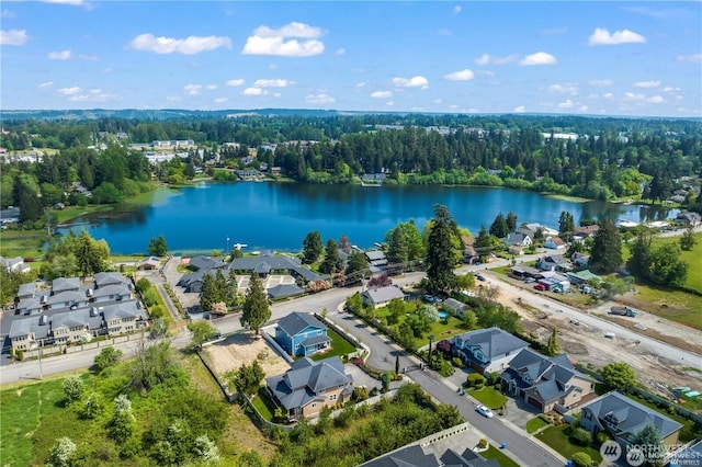 birds eye view of property with a water view and a residential view