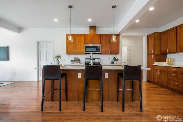 kitchen with stainless steel appliances, wood finished floors, and light countertops