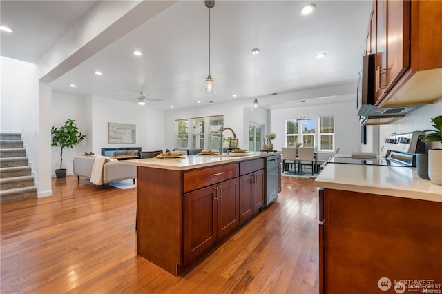 kitchen featuring dishwasher, open floor plan, hardwood / wood-style floors, light countertops, and range with electric stovetop