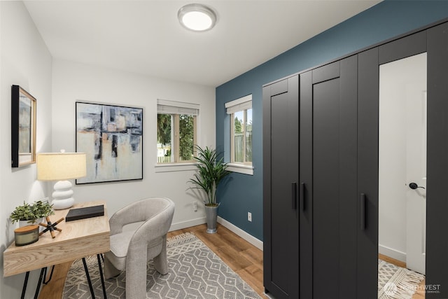 office with light wood-type flooring and baseboards