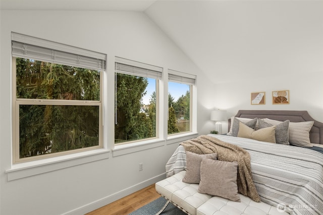 bedroom featuring baseboards, vaulted ceiling, and wood finished floors