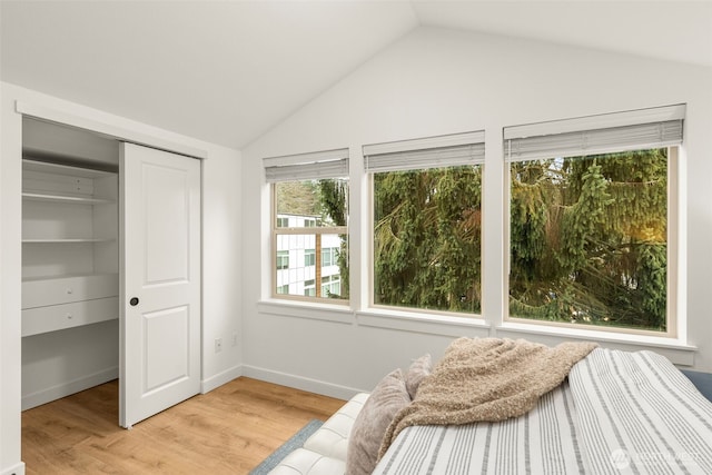 bedroom featuring light wood-style floors, baseboards, and vaulted ceiling