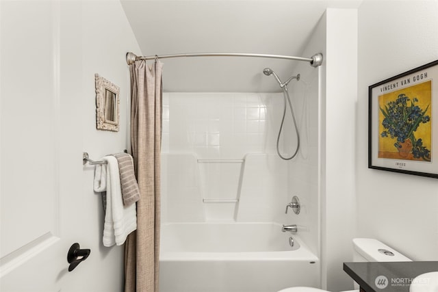 full bath with toilet and shower / bath combo with shower curtain