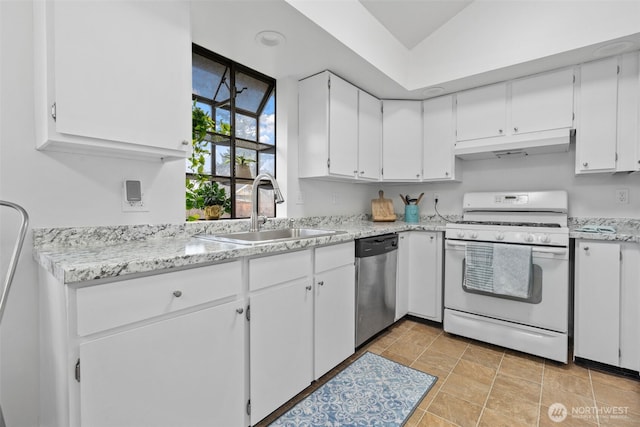 kitchen with light countertops, stainless steel dishwasher, white cabinets, white range with gas stovetop, and under cabinet range hood