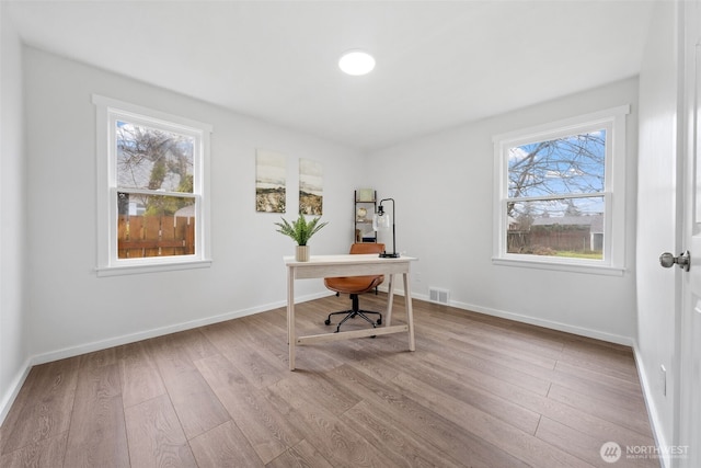 office space featuring light wood finished floors, visible vents, and baseboards