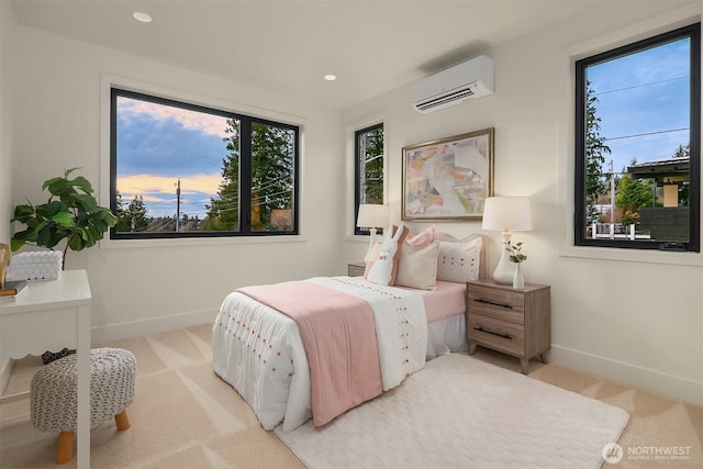 bedroom with light carpet, multiple windows, and a wall mounted air conditioner