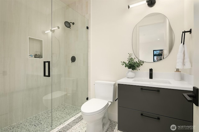 bathroom with a stall shower, toilet, and vanity