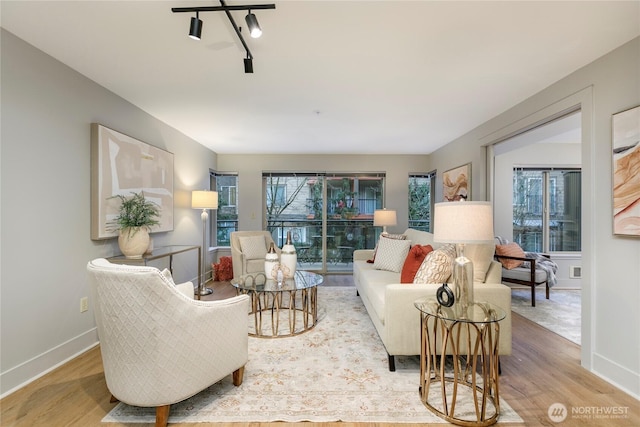 living area featuring track lighting, baseboards, and wood finished floors