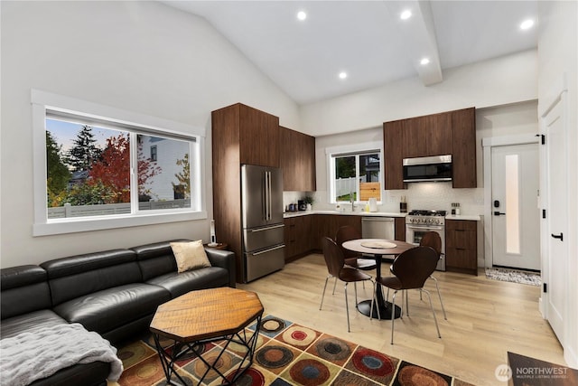 kitchen with modern cabinets, light countertops, light wood-style flooring, and high quality appliances